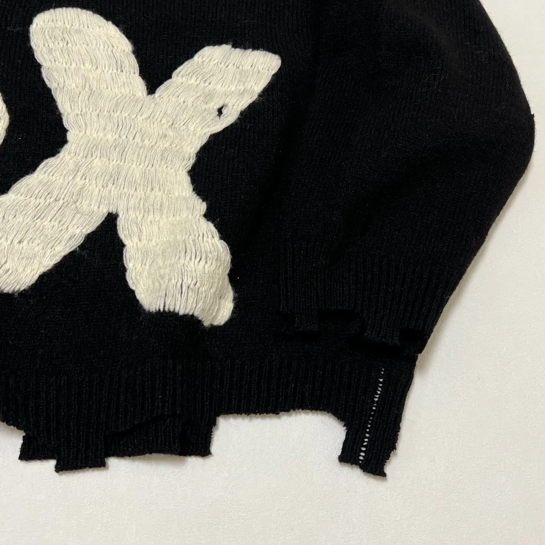 SAINT Mxxxxxx × Sex Pistols SP_CREW KNT/IAMA/BLK SEX PISTOLS band joint model destroyed hand-embroidered sweater, black S-XL, original 85% wool/15% polyester fiber blend, super complex front and rear panels, large-area hand-embroidery, hand-cut destruction treatment, custom-made correct joint main mark/wash mark